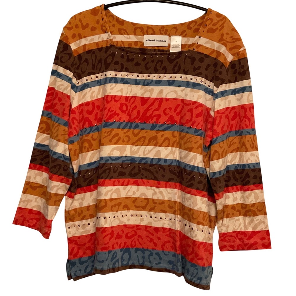 Alfred Dunner Striped Animal Print Top Womens Size M Multicolor